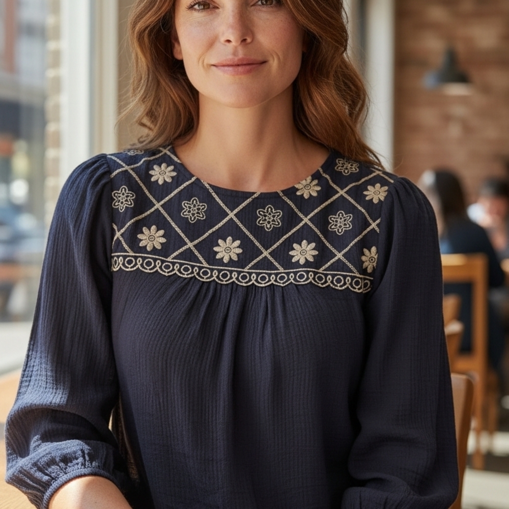 Mine Navy Floral Embroidered Blouse